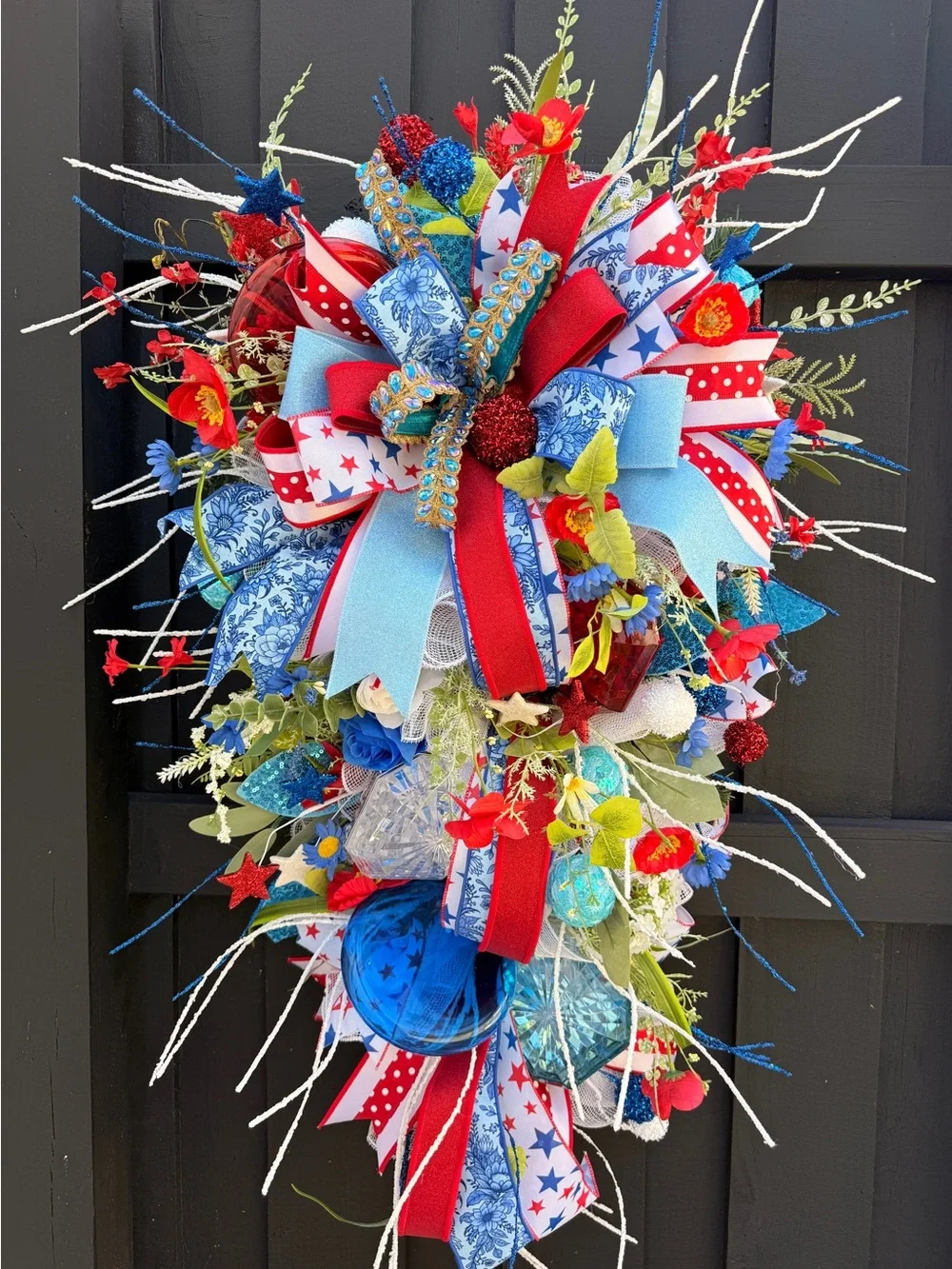 Hand Crafted Red, Blue & White Patriotic Teardrop Wreath